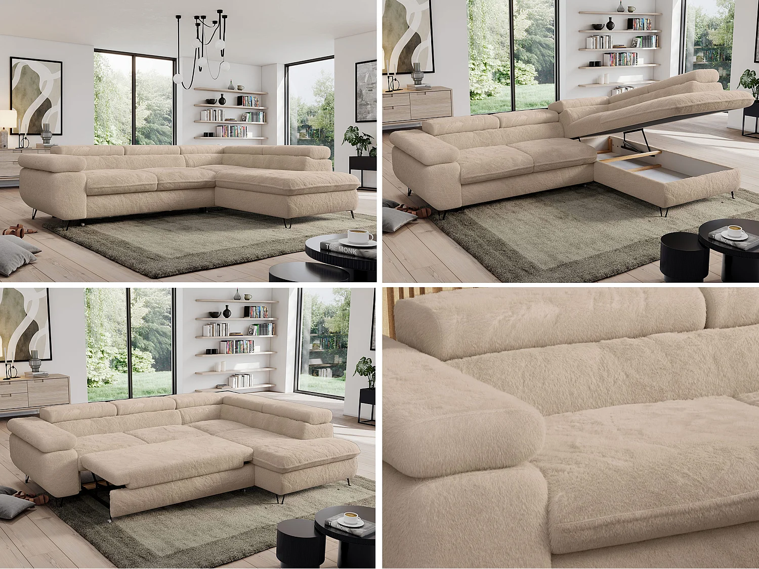 Ecksofa PEDRO - L-Form mit Schlaffunktion 200x125 cm, verstellbaren Kopfstützen - Ivory Plüsch - Ecke Rechts