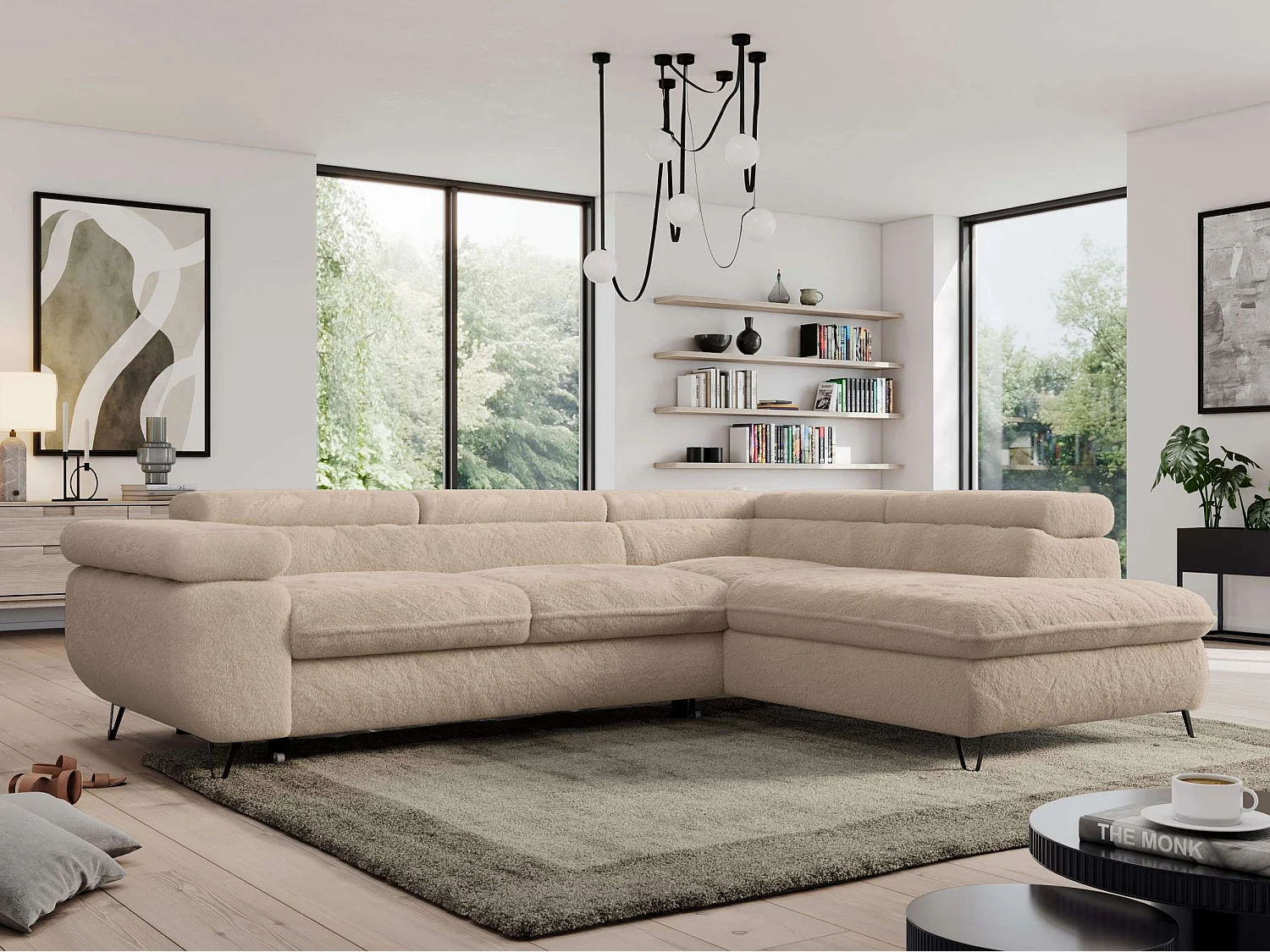 Ecksofa PEDRO - L-Form mit Schlaffunktion 200x125 cm, verstellbaren Kopfstützen - Ivory Plüsch - Ecke Rechts