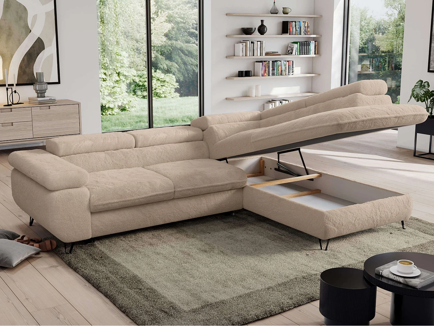 Ecksofa PEDRO - L-Form mit Schlaffunktion 200x125 cm, verstellbaren Kopfstützen - Ivory Plüsch - Ecke Rechts