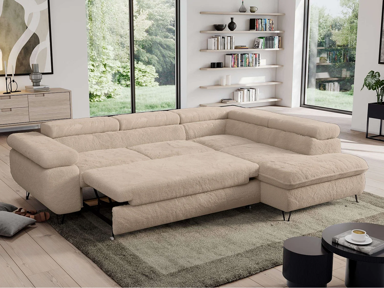 Ecksofa PEDRO - L-Form mit Schlaffunktion 200x125 cm, verstellbaren Kopfstützen - Ivory Plüsch - Ecke Rechts