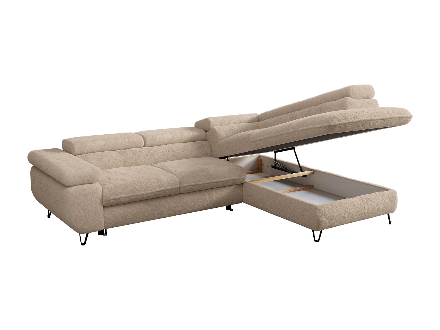 Ecksofa PEDRO - L-Form mit Schlaffunktion 200x125 cm, verstellbaren Kopfstützen - Ivory Plüsch - Ecke Rechts