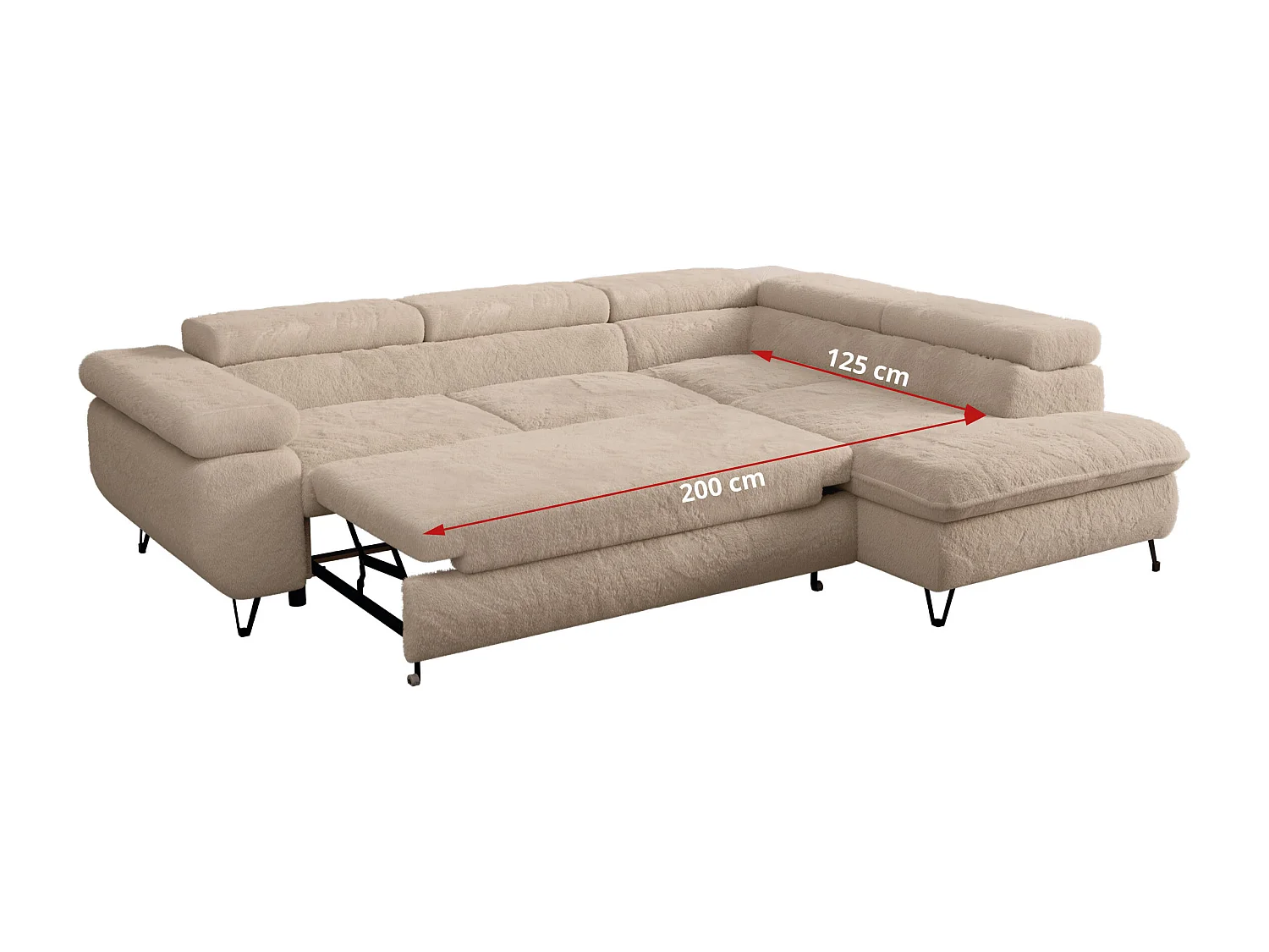 Ecksofa PEDRO - L-Form mit Schlaffunktion 200x125 cm, verstellbaren Kopfstützen - Ivory Plüsch - Ecke Rechts