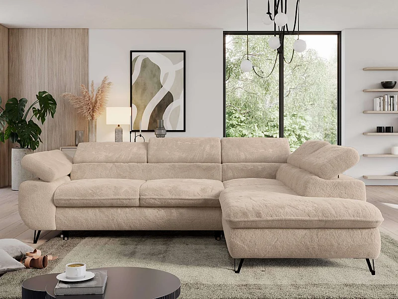Ecksofa PEDRO - L-Form mit Schlaffunktion 200x125 cm, verstellbaren Kopfstützen - Ivory Plüsch - Ecke Rechts