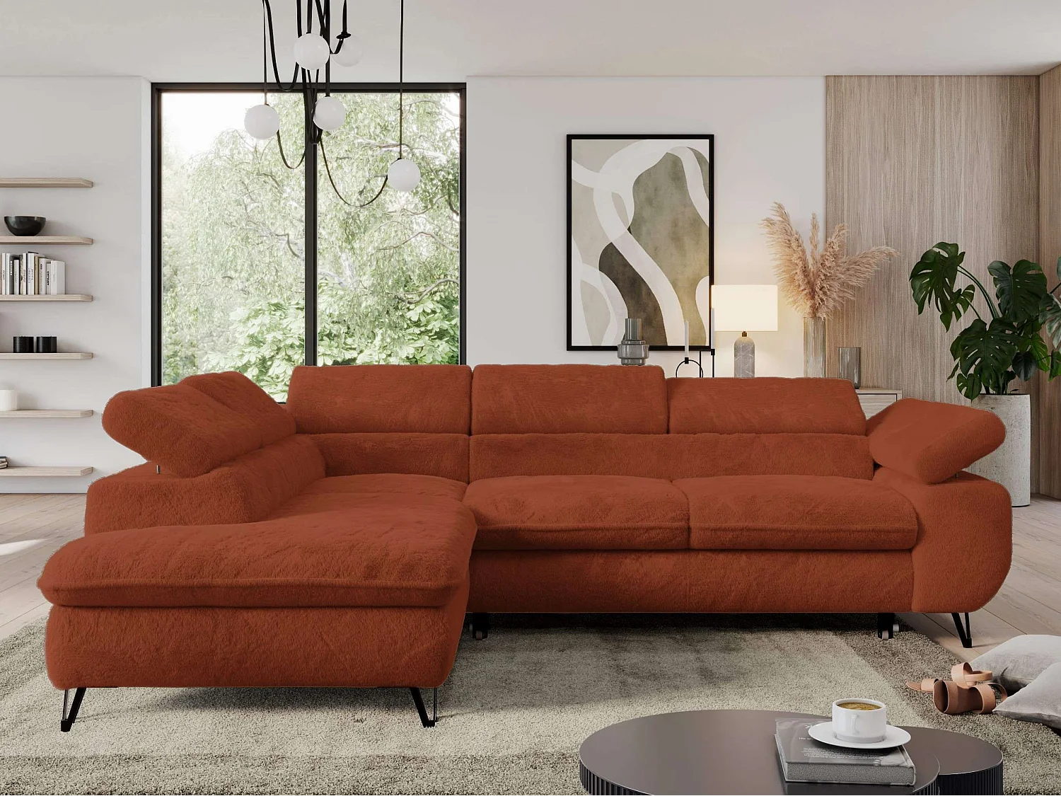 Ecksofa PEDRO - L-Form mit Schlaffunktion 200x125 cm, verstellbaren Kopfstützen - Terracotta Plüsch - Ecke Links