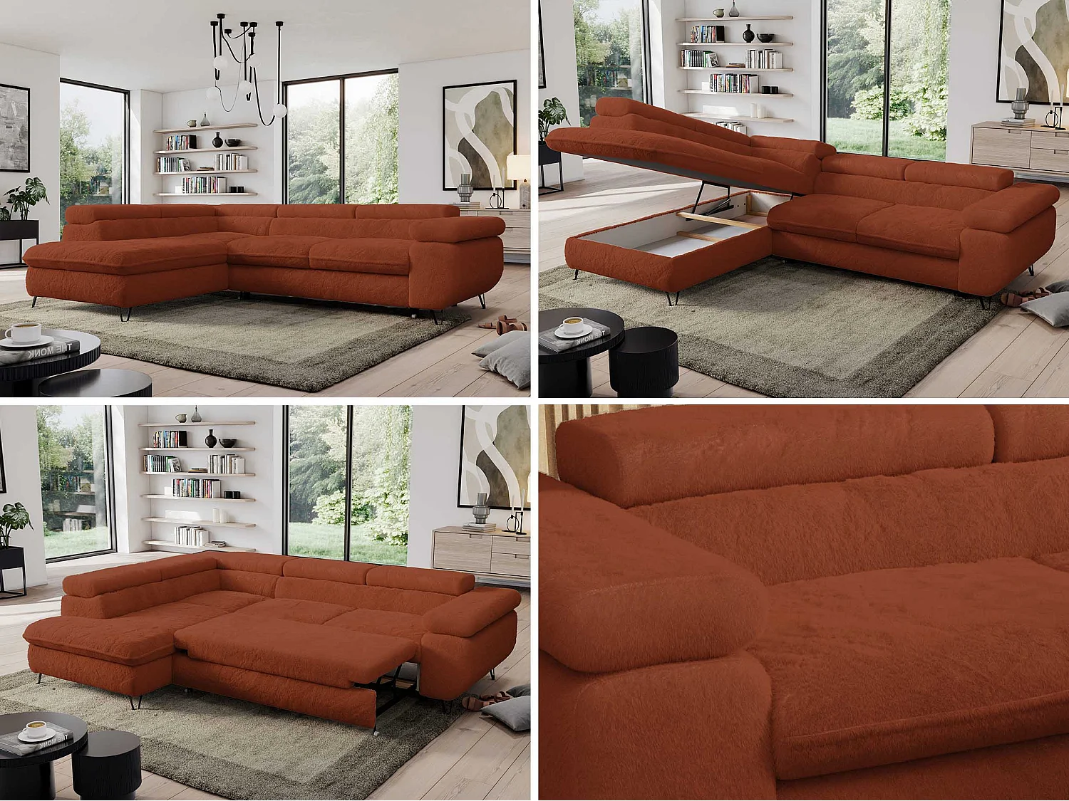 Ecksofa PEDRO - L-Form mit Schlaffunktion 200x125 cm, verstellbaren Kopfstützen - Terracotta Plüsch - Ecke Links