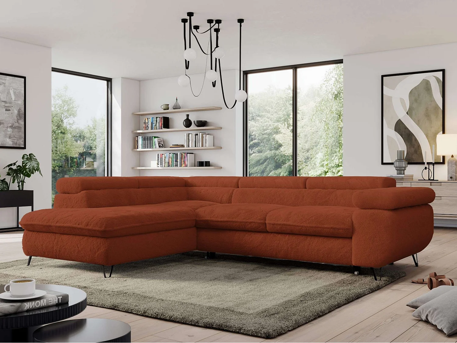Ecksofa PEDRO - L-Form mit Schlaffunktion 200x125 cm, verstellbaren Kopfstützen - Terracotta Plüsch - Ecke Links