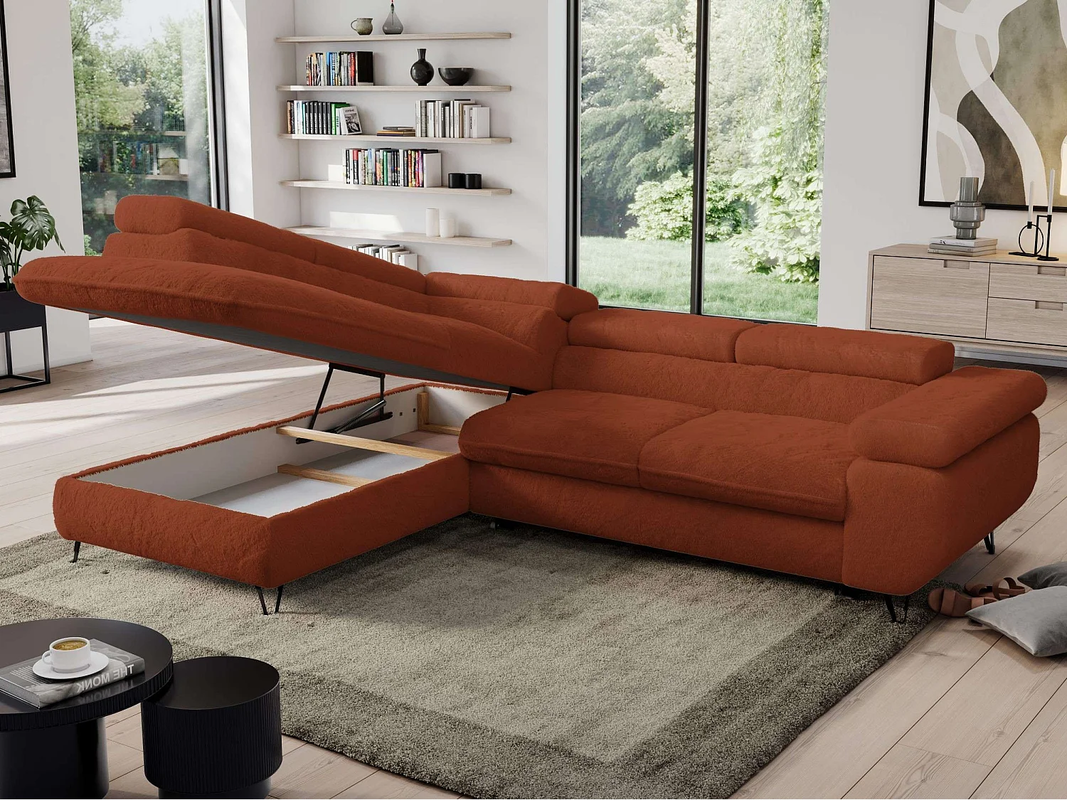 Ecksofa PEDRO - L-Form mit Schlaffunktion 200x125 cm, verstellbaren Kopfstützen - Terracotta Plüsch - Ecke Links