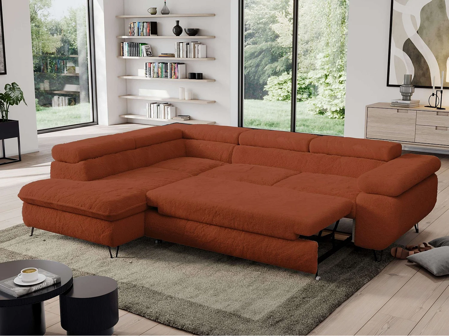 Ecksofa PEDRO - L-Form mit Schlaffunktion 200x125 cm, verstellbaren Kopfstützen - Terracotta Plüsch - Ecke Links