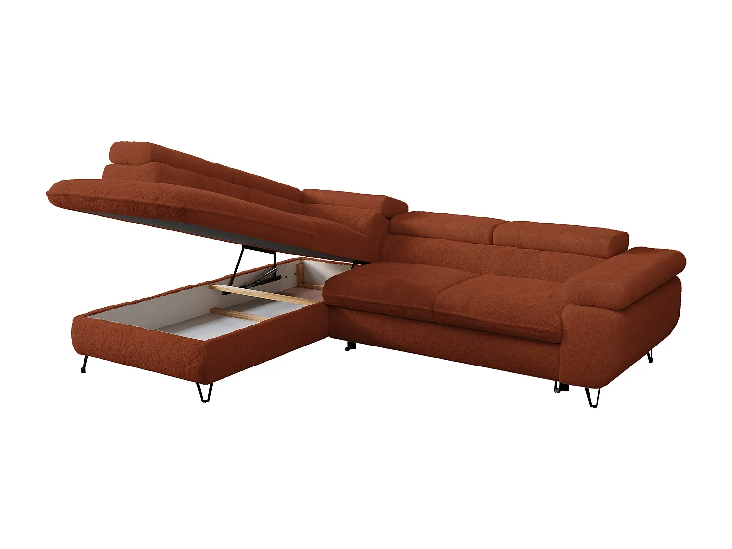 Ecksofa PEDRO - L-Form mit Schlaffunktion 200x125 cm, verstellbaren Kopfstützen - Terracotta Plüsch - Ecke Links