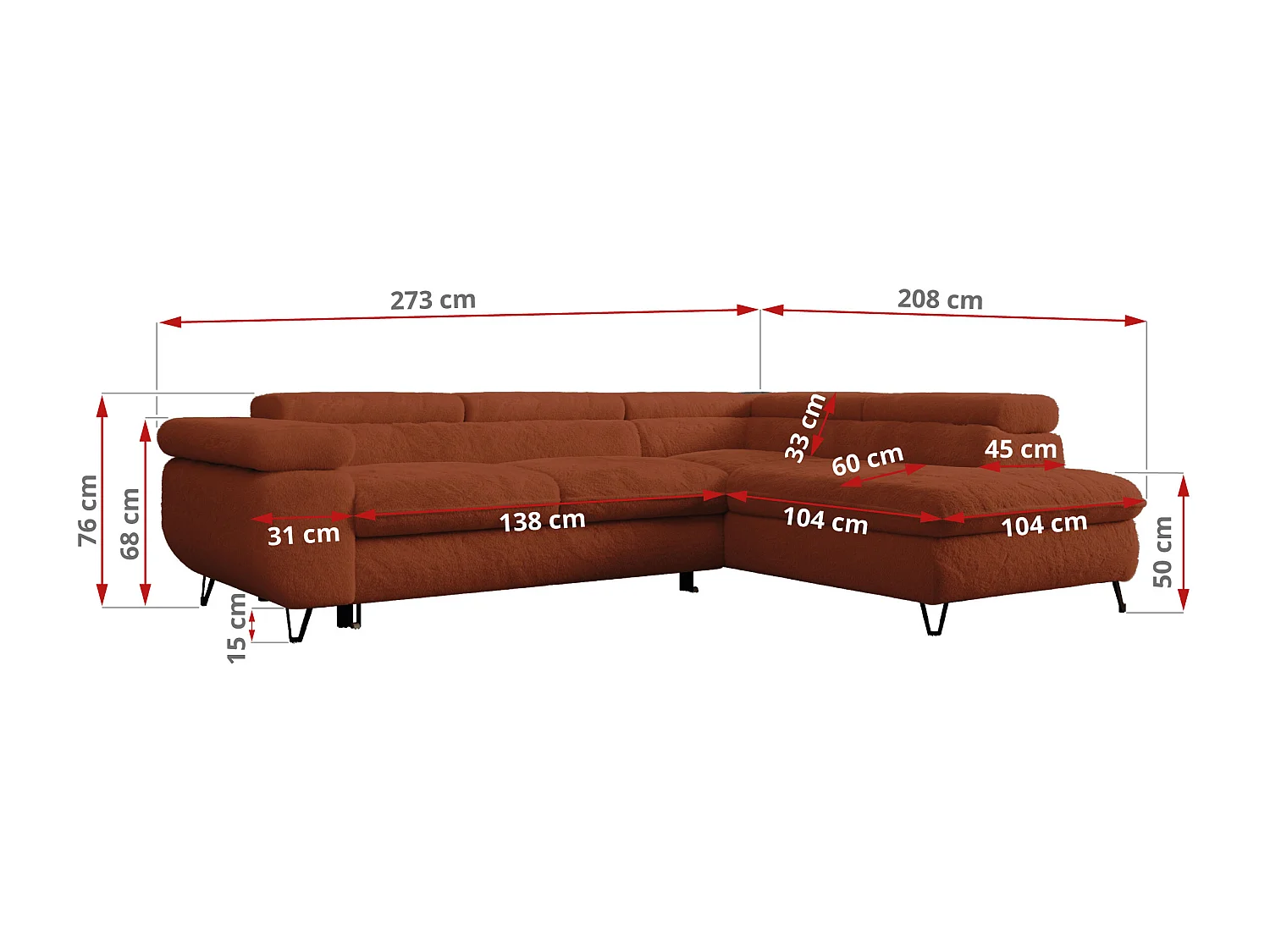Ecksofa PEDRO - L-Form mit Schlaffunktion 200x125 cm, verstellbaren Kopfstützen - Terracotta Plüsch - Ecke Links