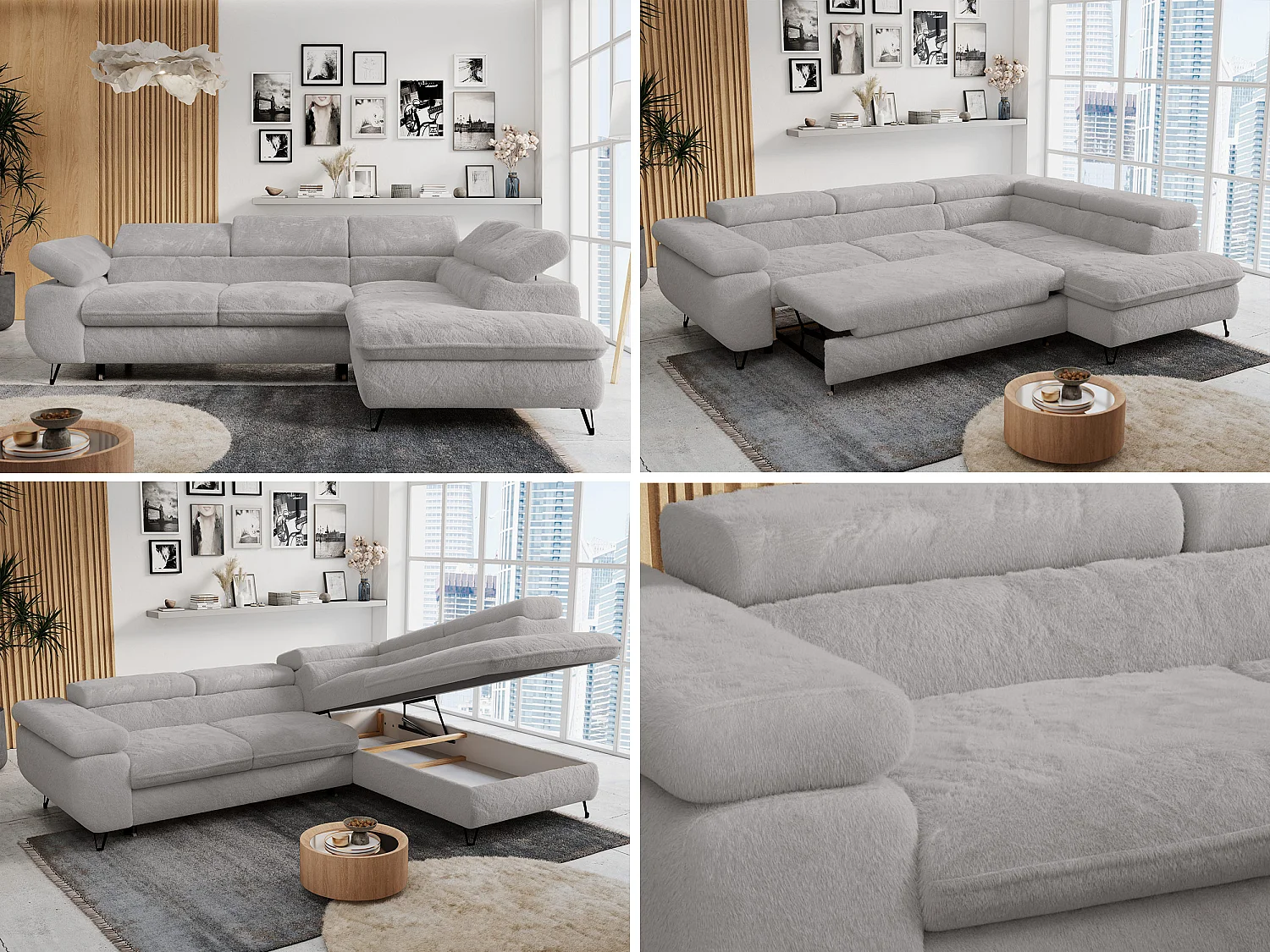 Ecksofa PETER verstellbare Kopfstütze, schlaffunktion - Aschgrau Plüsch - Ecke Rechts