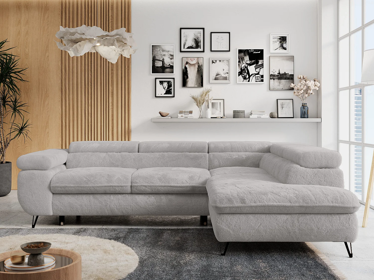 Ecksofa PETER verstellbare Kopfstütze, schlaffunktion - Aschgrau Plüsch - Ecke Rechts