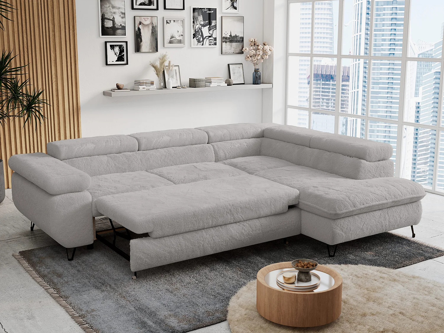 Ecksofa PETER verstellbare Kopfstütze, schlaffunktion - Aschgrau Plüsch - Ecke Rechts