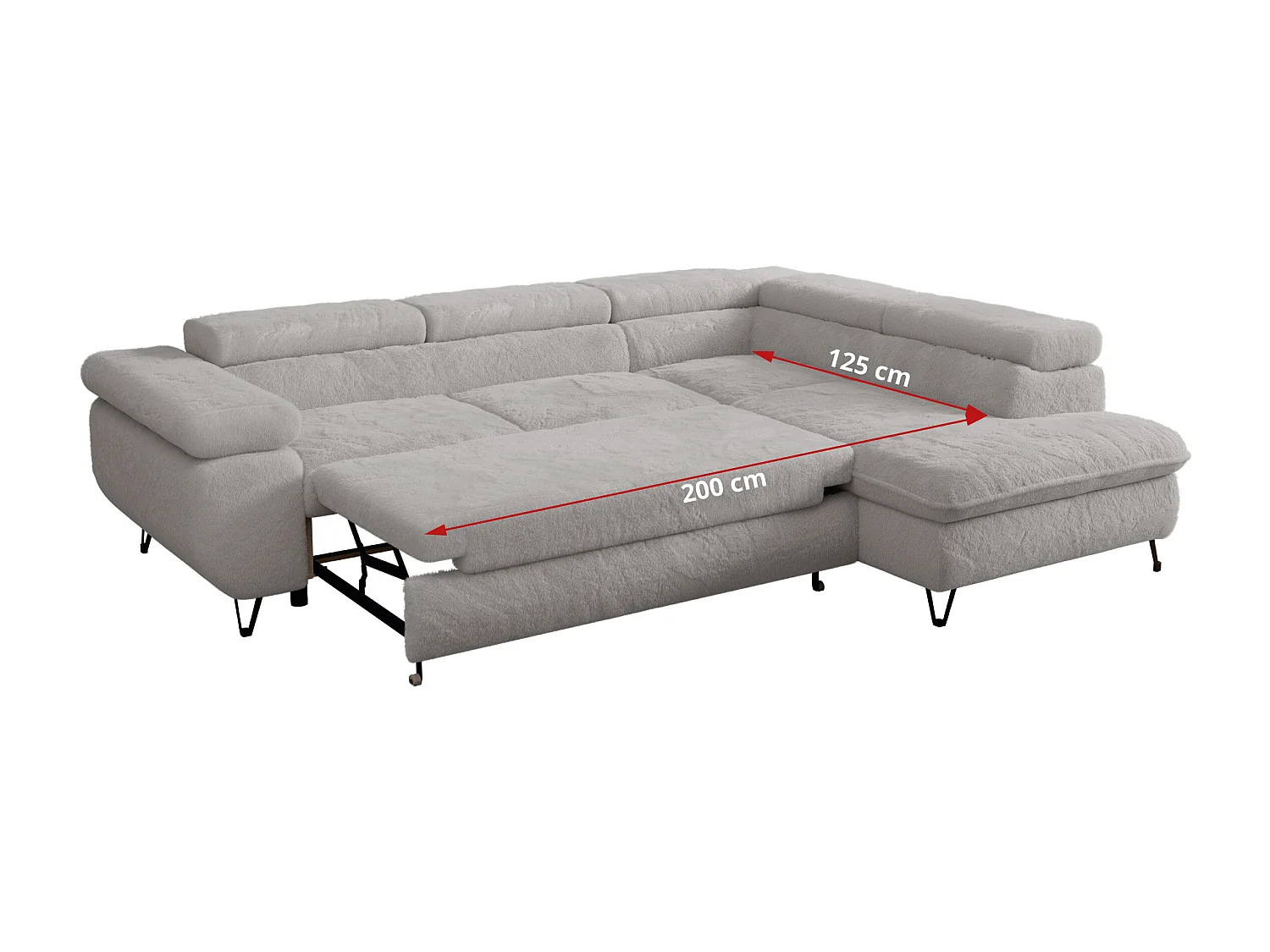 Ecksofa PETER verstellbare Kopfstütze, schlaffunktion - Aschgrau Plüsch - Ecke Rechts