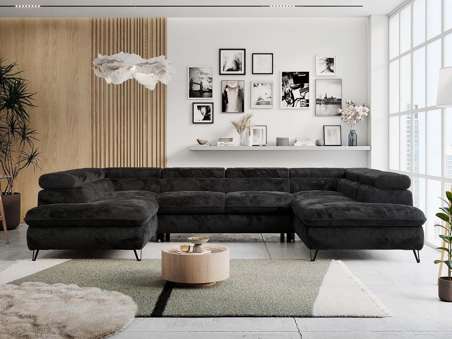 Ecksofa PETER U - schlaffunktion und Bettkästen, verstellbare Kopfstützen - Schwarz Plüsch