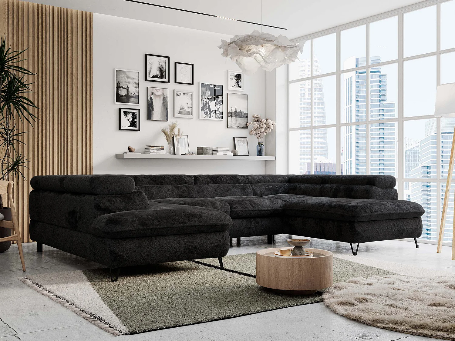 Ecksofa PETER U - schlaffunktion und Bettkästen, verstellbare Kopfstützen - Schwarz Plüsch