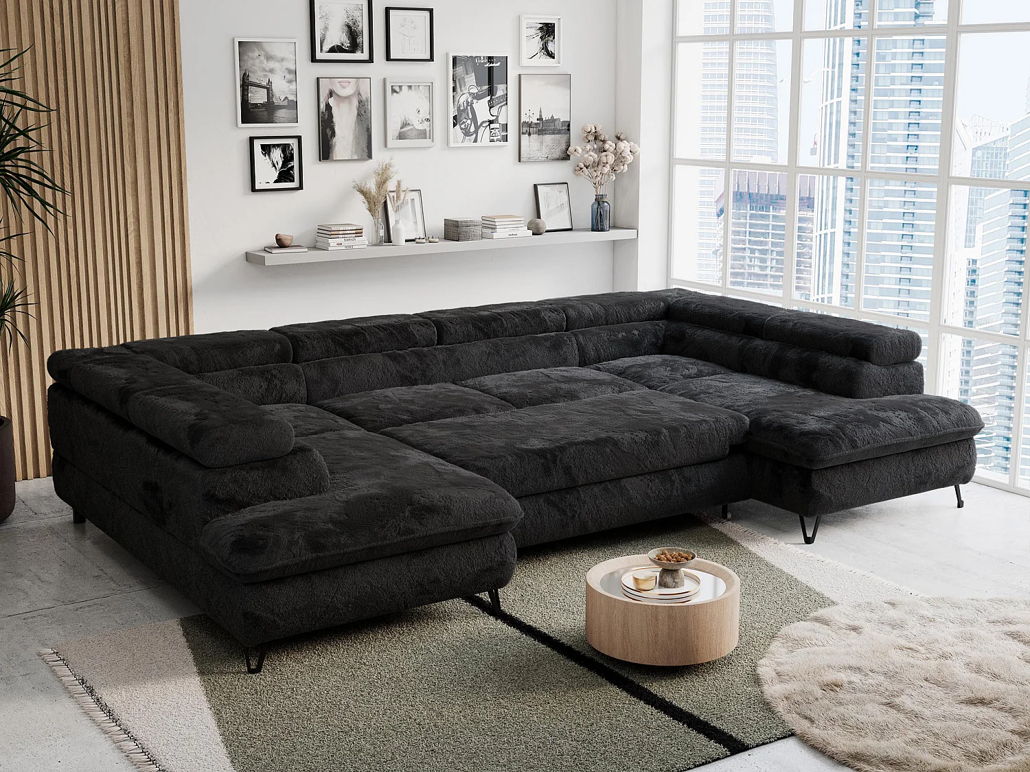 Ecksofa PETER U - schlaffunktion und Bettkästen, verstellbare Kopfstützen - Schwarz Plüsch