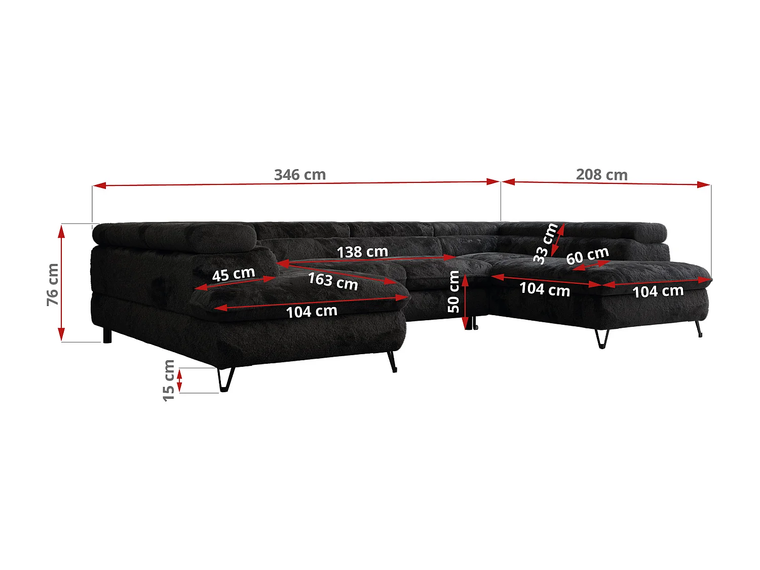Ecksofa PETER U - schlaffunktion und Bettkästen, verstellbare Kopfstützen - Schwarz Plüsch