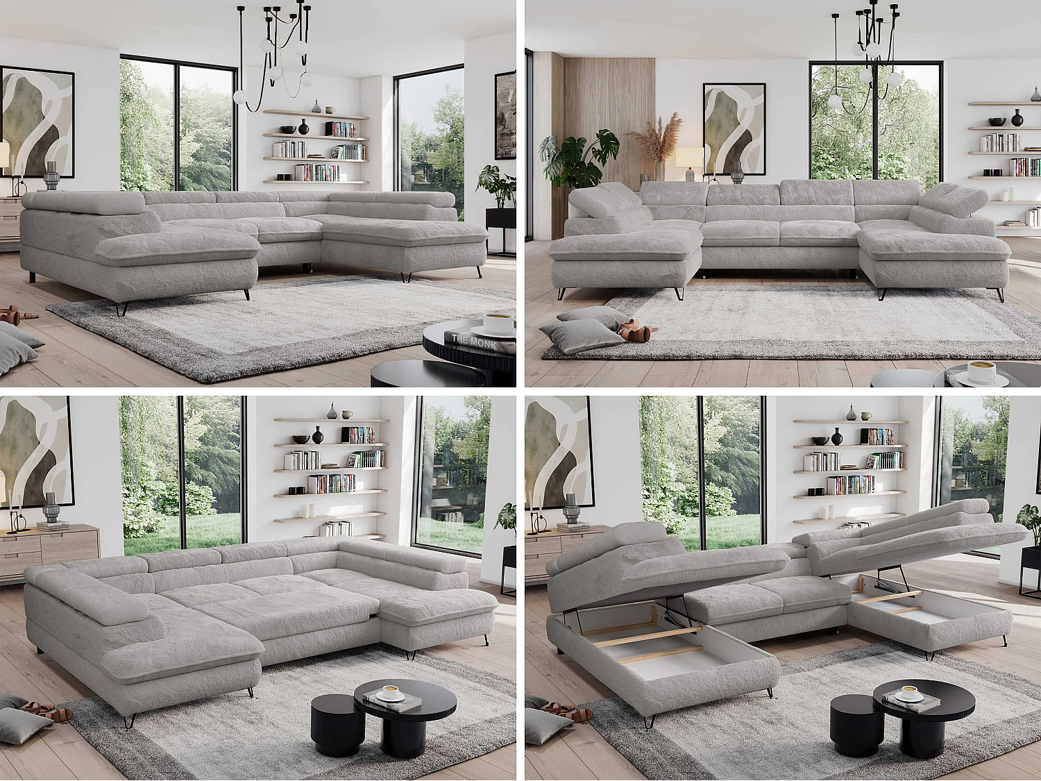 Ecksofa PEDRO U - XXL U-förmige Ecke, schlaffunktion und Bettkästen - Aschgrau Plüsch