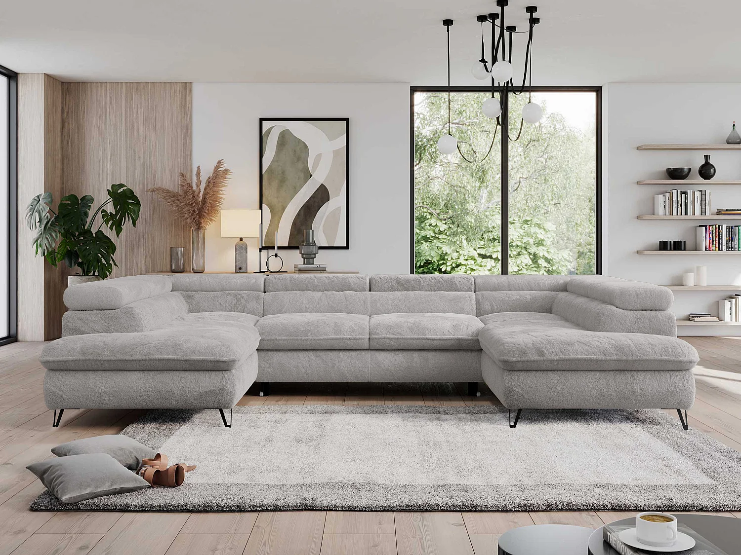 Ecksofa PEDRO U - XXL U-förmige Ecke, schlaffunktion und Bettkästen - Aschgrau Plüsch