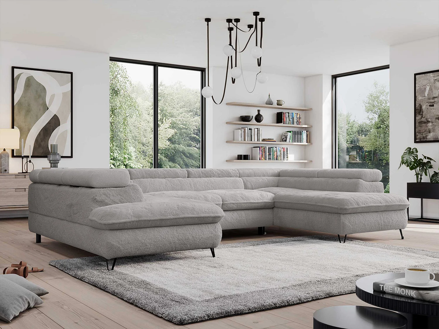 Ecksofa PEDRO U - XXL U-förmige Ecke, schlaffunktion und Bettkästen - Aschgrau Plüsch