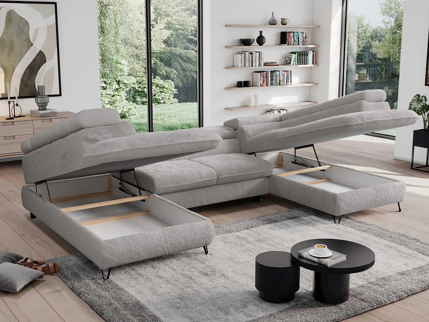 Ecksofa PEDRO U - XXL U-förmige Ecke, schlaffunktion und Bettkästen - Aschgrau Plüsch