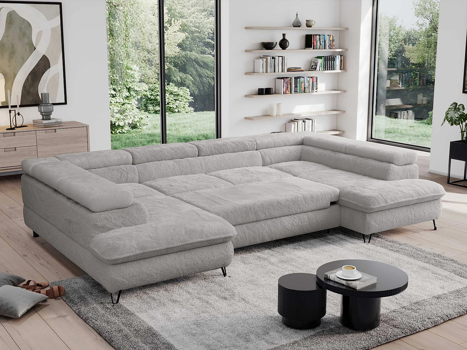 Ecksofa PEDRO U - XXL U-förmige Ecke, schlaffunktion und Bettkästen - Aschgrau Plüsch