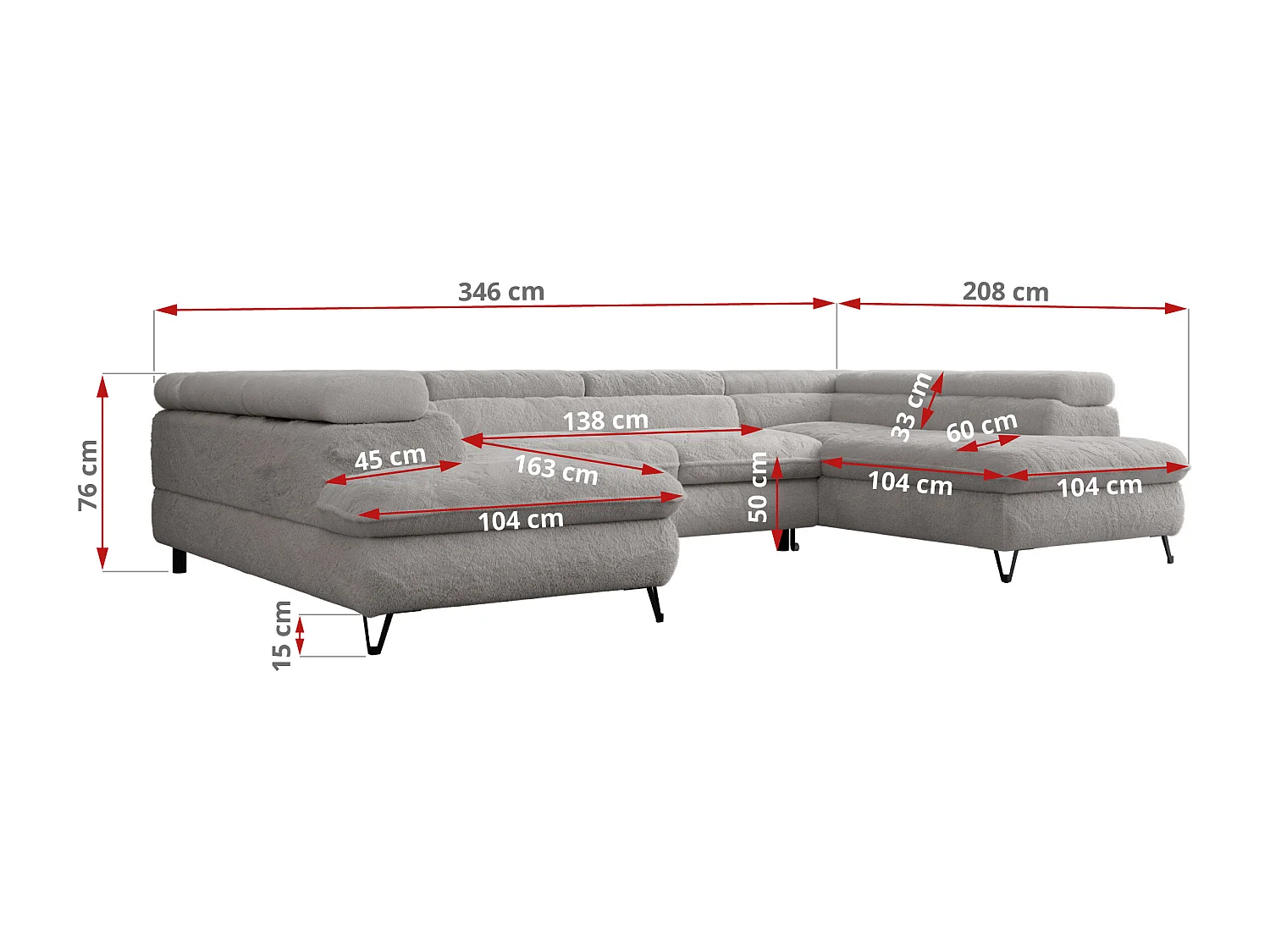 Ecksofa PEDRO U - XXL U-förmige Ecke, schlaffunktion und Bettkästen - Aschgrau Plüsch