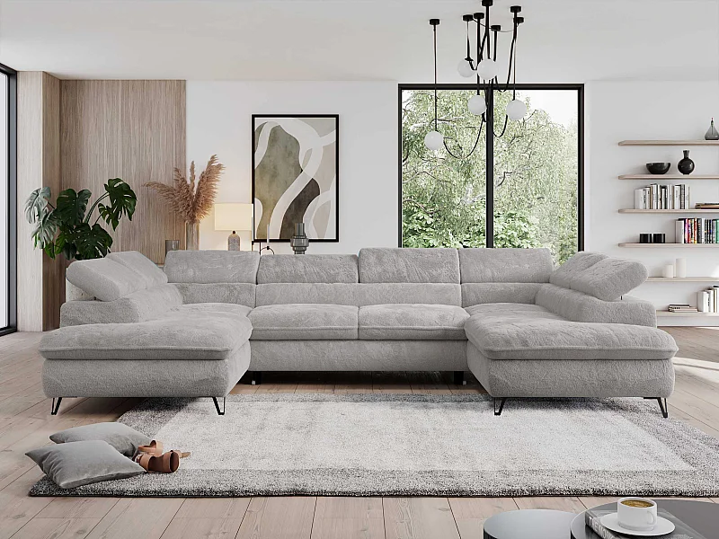 Ecksofa PEDRO U - XXL U-förmige Ecke, schlaffunktion und Bettkästen - Aschgrau Plüsch