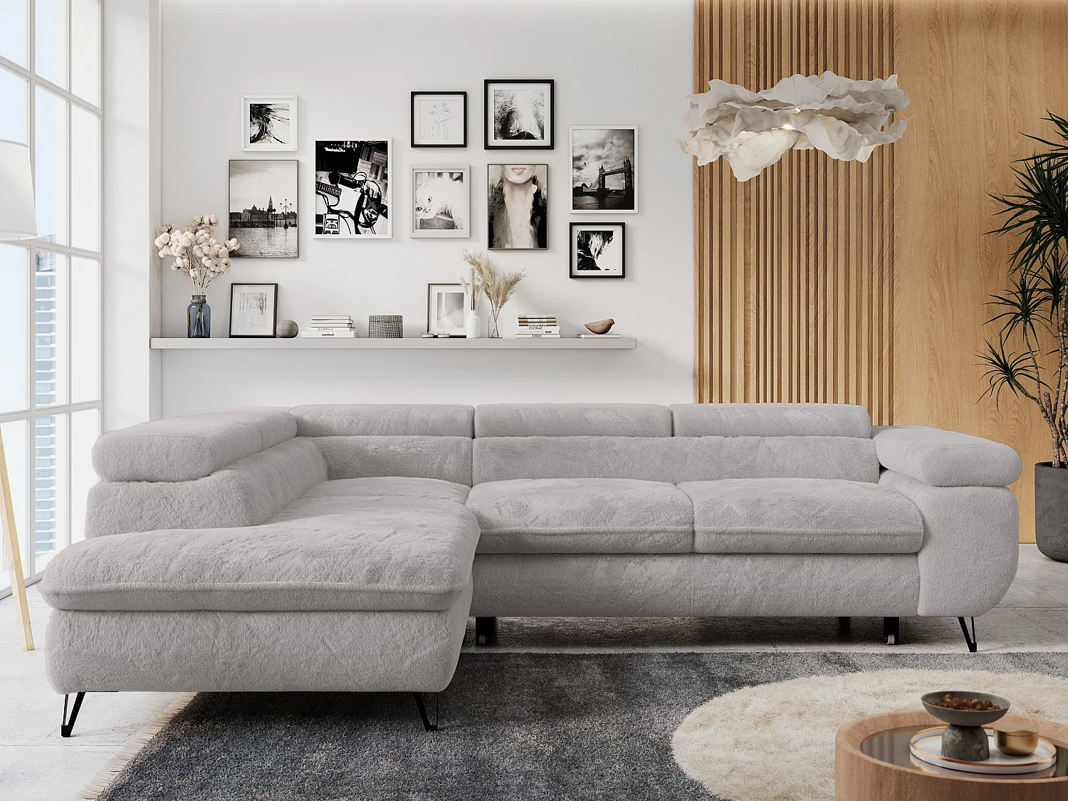 Ecksofa PETER verstellbare Kopfstütze, schlaffunktion - Aschgrau Plüsch - Ecke Links