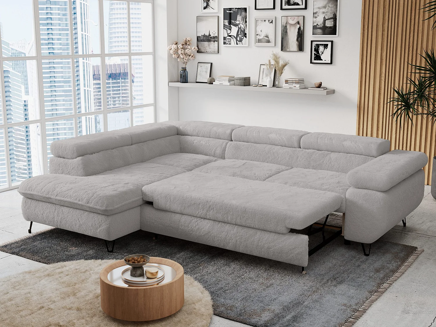 Ecksofa PETER verstellbare Kopfstütze, schlaffunktion - Aschgrau Plüsch - Ecke Links