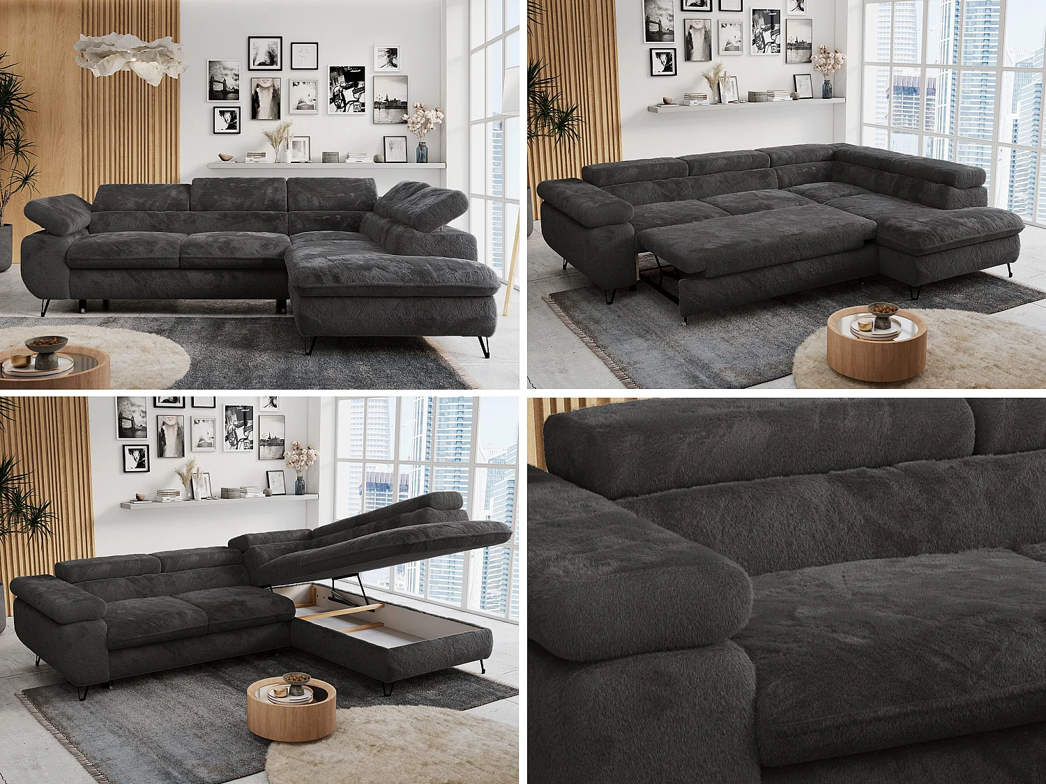 Ecksofa PETER verstellbare Kopfstütze, schlaffunktion - Anthrazit Plüsch - Ecke Rechts