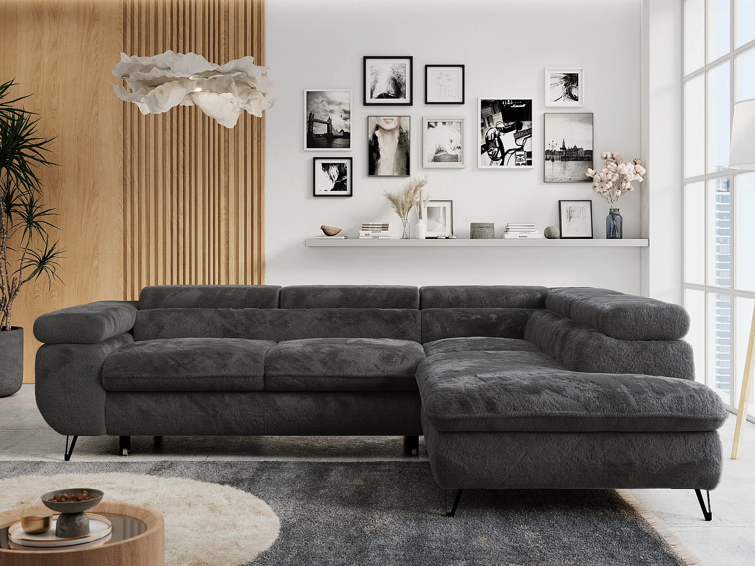 Ecksofa PETER verstellbare Kopfstütze, schlaffunktion - Anthrazit Plüsch - Ecke Rechts