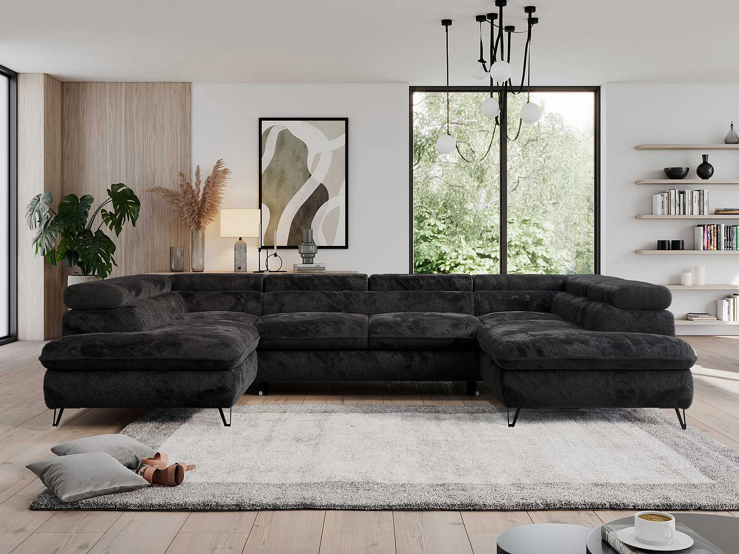 Ecksofa PEDRO U - XXL U-förmige Ecke, schlaffunktion und Bettkästen - Schwarz Plüsch