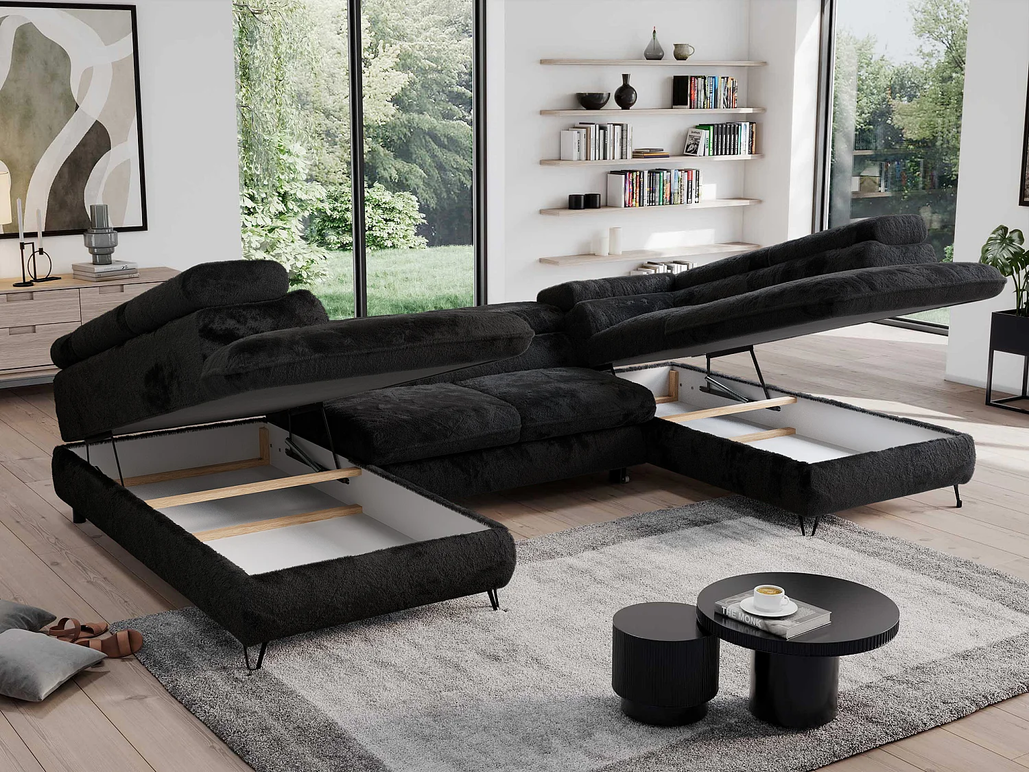 Ecksofa PEDRO U - XXL U-förmige Ecke, schlaffunktion und Bettkästen - Schwarz Plüsch