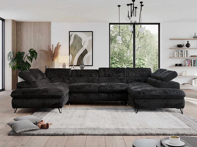 Ecksofa PEDRO U - XXL U-förmige Ecke, schlaffunktion und Bettkästen - Schwarz Plüsch