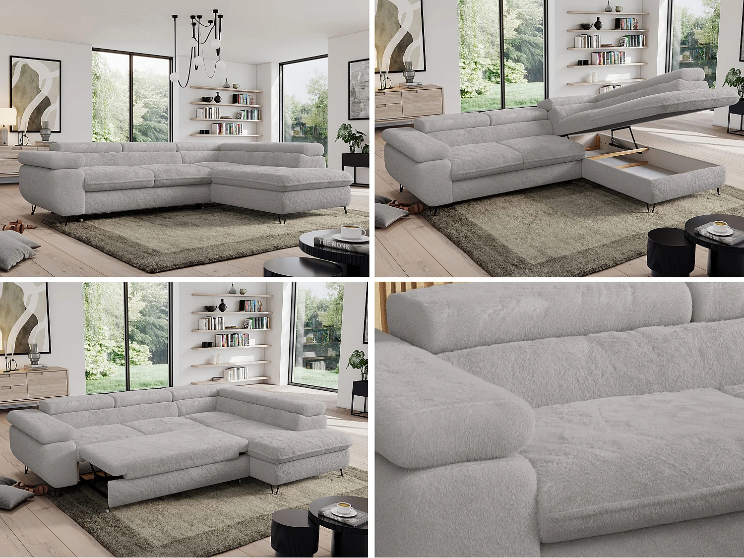 Ecksofa PEDRO - L-Form mit Schlaffunktion 200x125 cm, verstellbaren Kopfstützen - Aschgrau Plüsch - Ecke Rechts