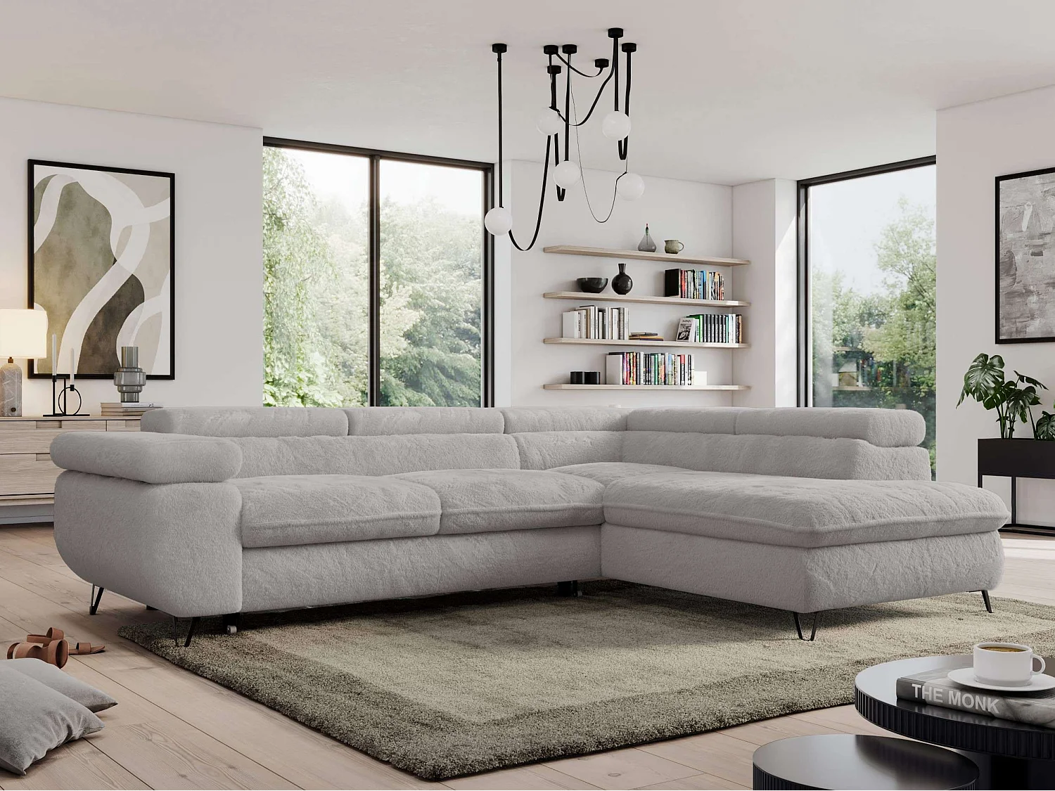 Ecksofa PEDRO - L-Form mit Schlaffunktion 200x125 cm, verstellbaren Kopfstützen - Aschgrau Plüsch - Ecke Rechts