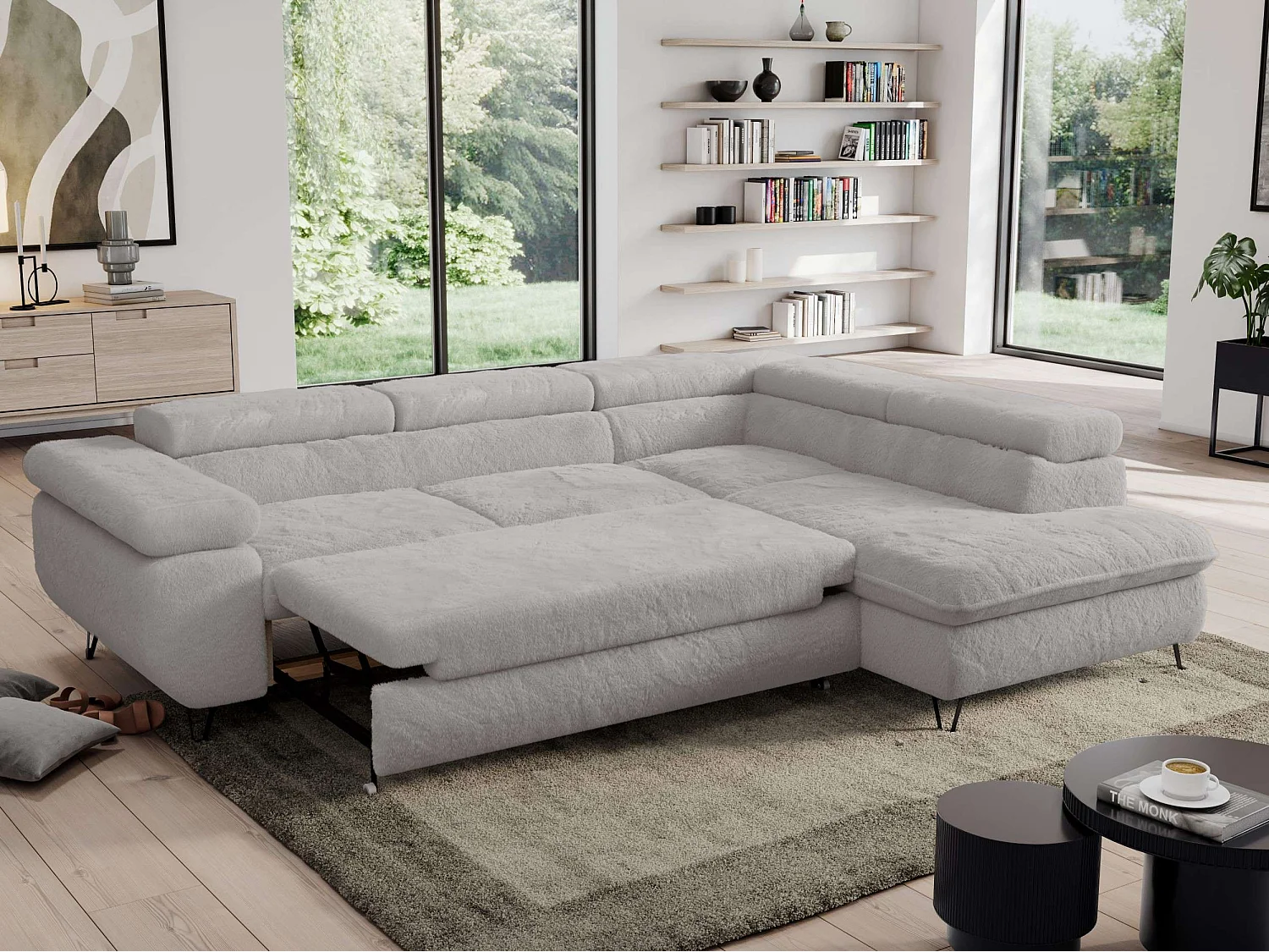 Ecksofa PEDRO - L-Form mit Schlaffunktion 200x125 cm, verstellbaren Kopfstützen - Aschgrau Plüsch - Ecke Rechts