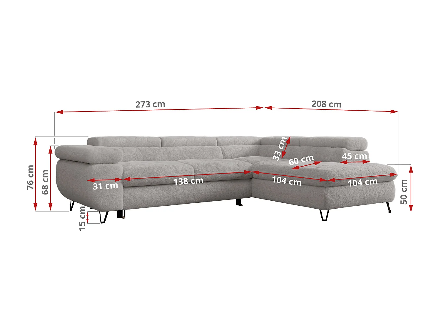 Ecksofa PEDRO - L-Form mit Schlaffunktion 200x125 cm, verstellbaren Kopfstützen - Aschgrau Plüsch - Ecke Rechts