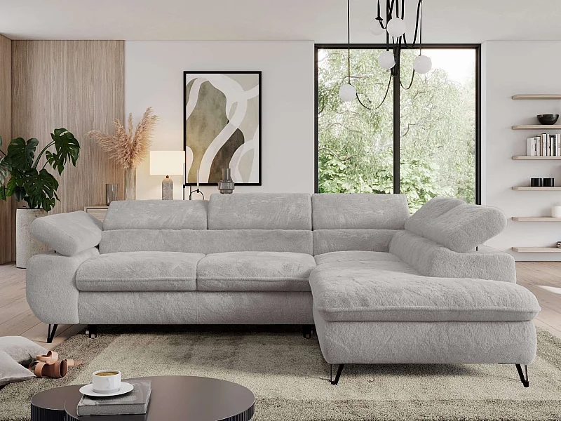 Ecksofa PEDRO - L-Form mit Schlaffunktion 200x125 cm, verstellbaren Kopfstützen - Aschgrau Plüsch - Ecke Rechts