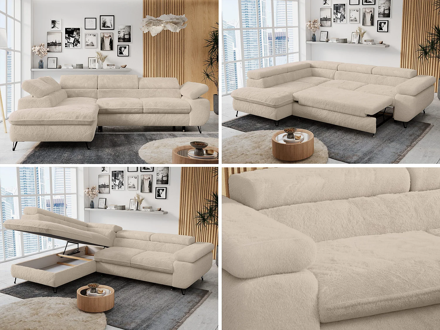 Ecksofa PETER verstellbare Kopfstütze, schlaffunktion - Creme Plüsch - Ecke Links