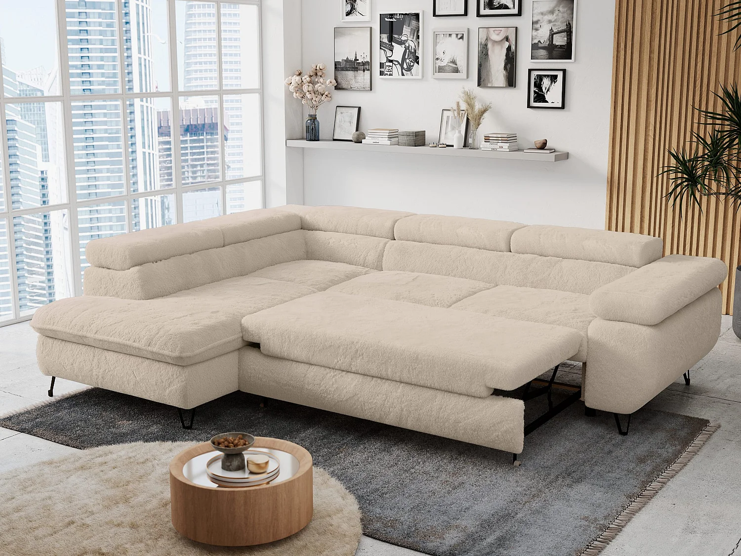 Ecksofa PETER verstellbare Kopfstütze, schlaffunktion - Creme Plüsch - Ecke Links