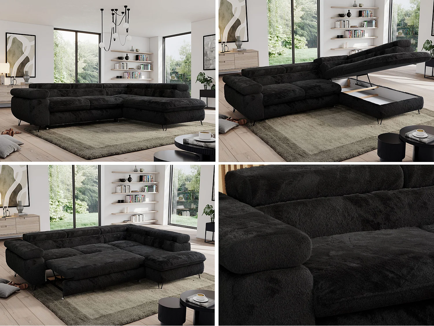 Ecksofa PEDRO - L-Form mit Schlaffunktion 200x125 cm, verstellbaren Kopfstützen - Schwarz Plüsch - Ecke Rechts