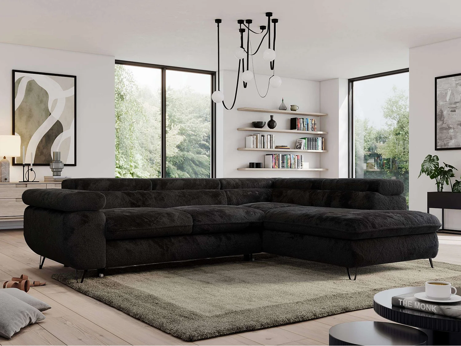 Ecksofa PEDRO - L-Form mit Schlaffunktion 200x125 cm, verstellbaren Kopfstützen - Schwarz Plüsch - Ecke Rechts