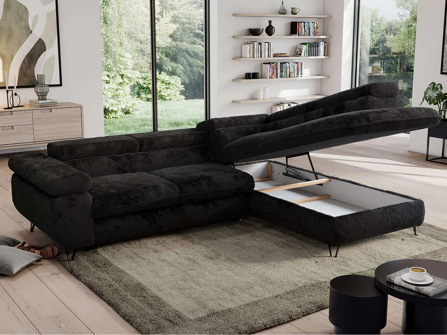 Ecksofa PEDRO - L-Form mit Schlaffunktion 200x125 cm, verstellbaren Kopfstützen - Schwarz Plüsch - Ecke Rechts