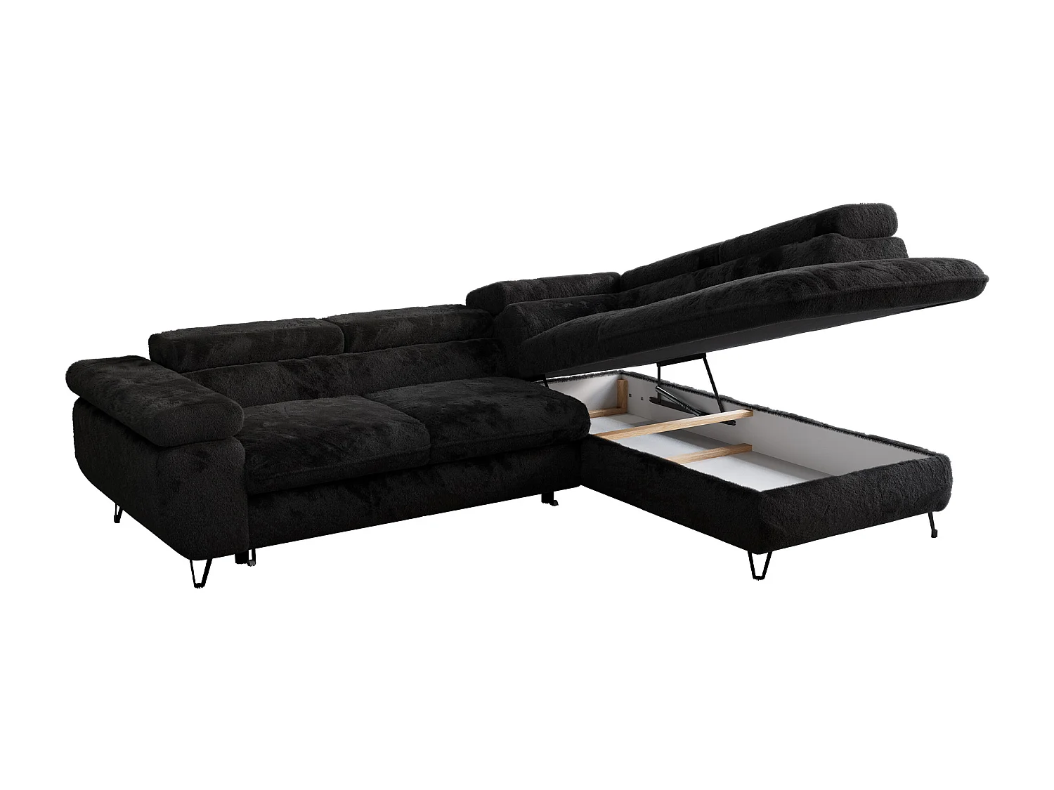 Ecksofa PEDRO - L-Form mit Schlaffunktion 200x125 cm, verstellbaren Kopfstützen - Schwarz Plüsch - Ecke Rechts