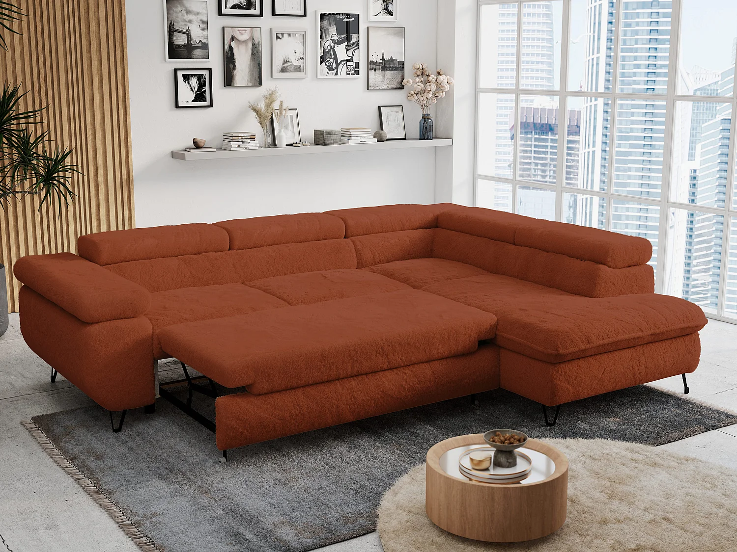 Ecksofa PETER verstellbare Kopfstütze, schlaffunktion - Terracotta Plüsch - Ecke Rechts