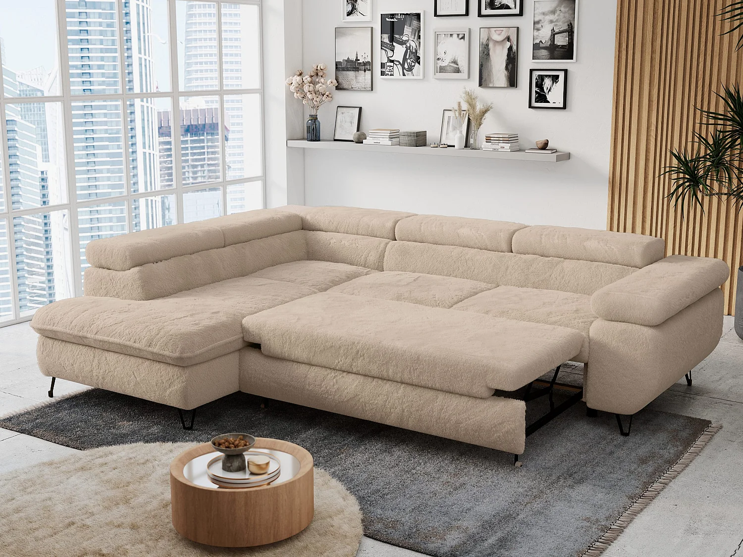 Ecksofa PETER verstellbare Kopfstütze, schlaffunktion - Ivory Plüsch - Ecke Links