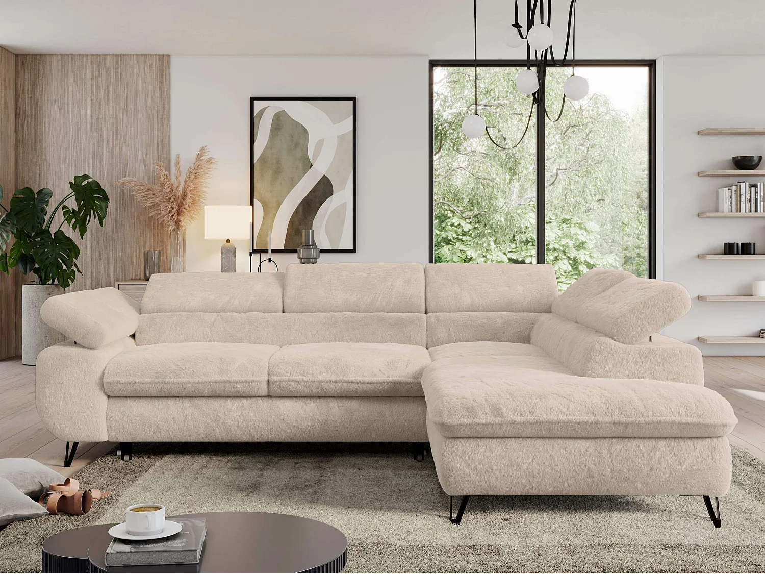 Ecksofa PEDRO - L-Form mit Schlaffunktion 200x125 cm, verstellbaren Kopfstützen - Creme Plüsch - Ecke Rechts